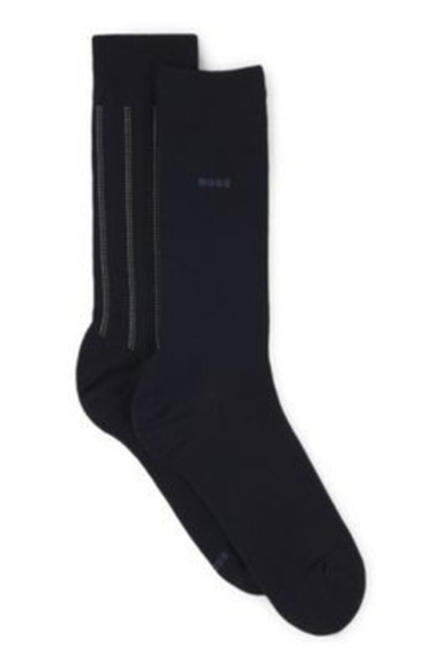 BOSS Pinstripe Logo Crew Socks Men's 7-13 Navy Ribbed Cuffs Pack of 2